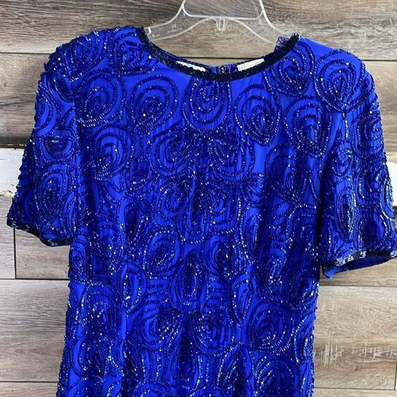 STENAY Vintage 100% Silk Sequined Royal Blue Cocktail Dress Above Knee Size 10 - Picture 4 of 11
